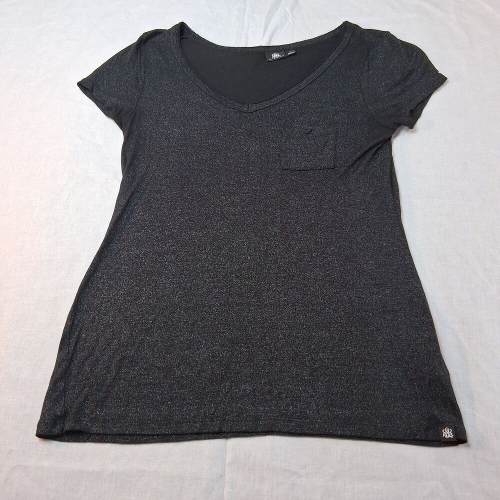 Rock & Republic‎ Black Glitter Tee Y2K Modern Glam Pocket Top Size M